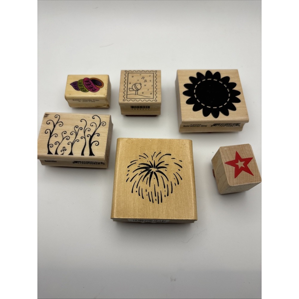 Set Of 6 Wood Mounted Rubber Stamp Mixed Lot A Muse Artstamps Daisy Fireworks ++